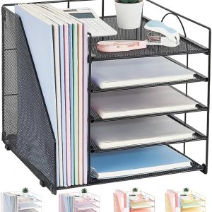 Desk Organizers and Accessories, 5-Tier Paper Letter Tray Organizer with File Holder, Desktop Organizer for Office Supplies, Office Desk Accessories & Workspace (Black)